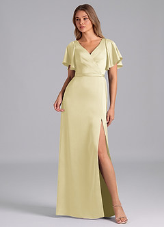 Azazie Ambrosia Bridesmaid Dresses Lemon Sorbet A-Line Pleated Stretch Satin Dress image1