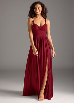 Azazie Zeya At-home Try On Dresses Burgundy A-Line Pleated Mesh Dress image4