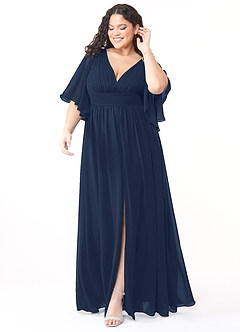 Azazie Temeka Robes de demoiselle d'honneur Robe Trapèze en Mousseline de soie Rayé Bleu Marine Foncé image1