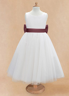 Azazie Kavi Flower Girl Dresses Ivory Sangria A-Line Bow Matte Satin Dress image7