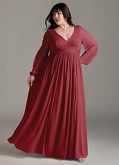Azazie Norah Bridesmaid Dresses Pomegranate A-Line V-Neck Long Sleeve Chiffon Dress image8