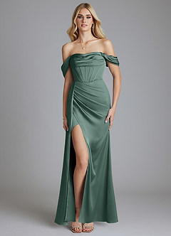 Azazie Amyra Bridesmaid Dresses Eucalyptus Mermaid Off the Shoulder Stretch Satin Convertible Dress image9