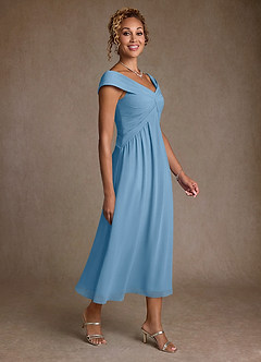Azazie Mirta Final Sale Steel Blue A-Line Pleated Floral Burnout Dress image3