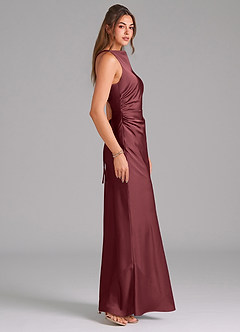 Azazie Evadne Bridesmaid Dresses Merlot Sheath Pleated Stretch Satin Dress image4