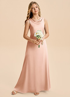 Azazie Kiki Junior Rose Gold A-Line Bow Stretch Satin Dress image3