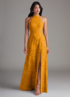 Azazie Clarice Bridesmaid Dresses Butterscotch A-Line Side Slit Floral Burnout Dress image1