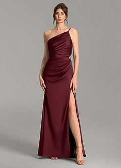 Azazie Hudsyn Jurken voor bruidsmeisjes Jurk van Stretch Satijn met Zeemeermin One-shoulder Cabernet image1