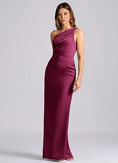 Azazie Akilah Bridesmaid Dresses Red Plum Mermaid One Shoulder Stretch Satin Dress image6