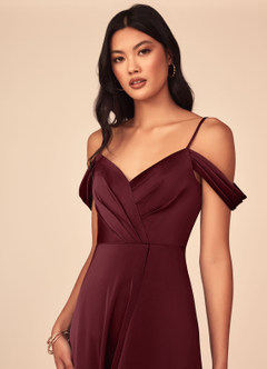 Azazie Ocean Bridesmaid Dresses Cabernet A-Line V-Neck Pleated Stretch Satin Dress image4