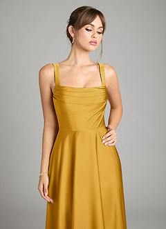 Azazie Shaude Bridesmaid Dresses Butterscotch A-Line Pleated Stretch Satin Dress image3