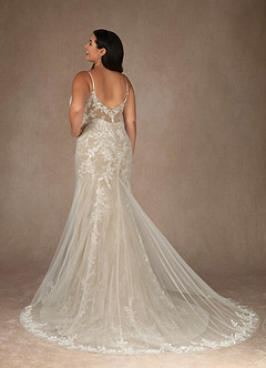Azazie Leonie Wedding Dresses Diamond White Nude Mermaid V-Neck Sequins Tulle Dress image21
