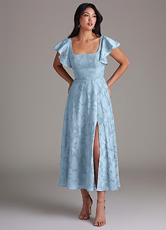 Azazie Bondi Bridesmaid Dresses Sky Blue A-Line Ruched Floral Burnout Dress image1