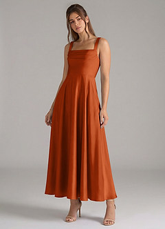 Azazie Shaude Bridesmaid Dresses Burnt Orange A-Line Pleated Stretch Satin Dress image4