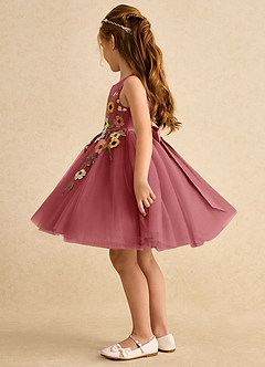 Azazie Prima 플라워 걸 드레스 A라인 절하다 얇실버 명주 그물 무릎 길이 드레스 image4