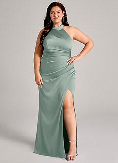 Azazie Jemma Brautjungfernkleider Etui Plissee Stretch-Satin Kleid Silberner Salbei image10