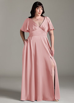 Azazie Kimber Brudtärnklänningar Klä av A-Linje i Stretch Satin Rynkad Puderrosa image3