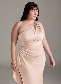 Azazie Latrice Brautjungfernkleider Etui Kaskadierende Rüschen an einer Schulter Stretch-Satin Kleid Zartrosa image11