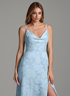 Azazie Sarella At-home Try On Dresses Sky Blue A-Line Pleated Floral Burnout Dress image2