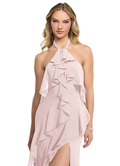 Azazie Velma Bridesmaid Dresses Blushing Pink A-Line Side Slit Chiffon Dress image4