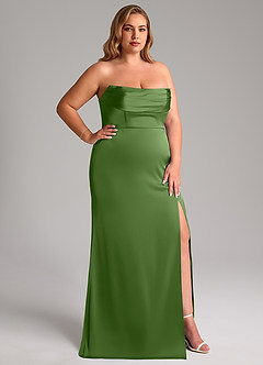 Azazie Saige Vestidos de damas de honor Vestido de Albahaca de Satén Elástico de Corte Recto con Vestidos sin tirantes image17