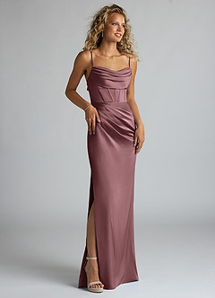 Azazie Mai Bridesmaid Dresses Vintage Mauve Sheath Pleated Stretch Satin Dress image3