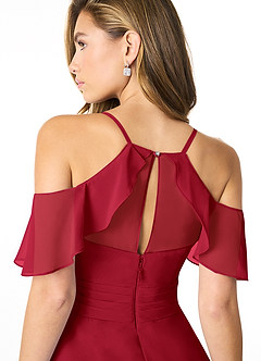 Azazie Dakota Brautjungfernkleider A-Linie V-Hals Gefaltet Chiffon Kleid Scharlachrot image7