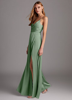 Azazie Calissa Bridesmaid Dresses Matcha A-Line V-Neck Pleated Stretch Satin Dress image4