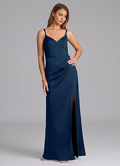 Azazie Leo Bridesmaid Dresses Dark Navy Sheath Pleated Stretch Satin Dress image5