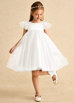 Azazie Munchkin Robe Demoiselle D'honneur Fillette Robe Trapèze en Tulle Arc Ivoire image3