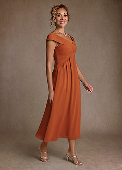 Azazie Mirta Mother of the Bride Dresses Cinnamon A-Line Pleated Floral Burnout Dress image3