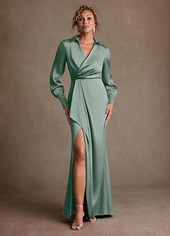 Azazie Jacinta Mère de la mariée Robes Robe Fourreau en Satin extensible Plissée Sauge D'argent image1