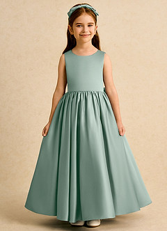 Azazie Nellia Blumenmädchenkleider A-Linie Schleifen Matte Satin Kleid Silberner Salbei image2