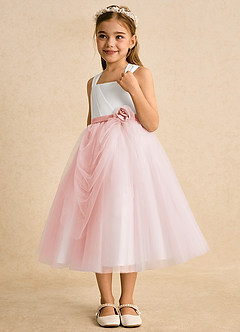 Azazie Bonny Flower Girl Dresses Ivory Blushing Pink Ball-Gown Pleated Tulle Dress image4