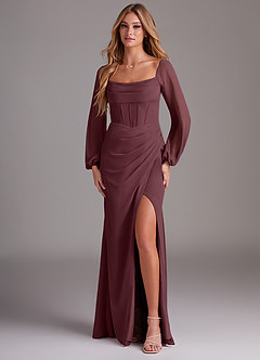 Azazie Charissa Bridesmaid Dresses Sangria Sheath Long Sleeve Chiffon Dress image1