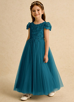 Azazie Puff Flower Girl Dresses Ink Blue Ball-Gown Lace Tulle Dress image2