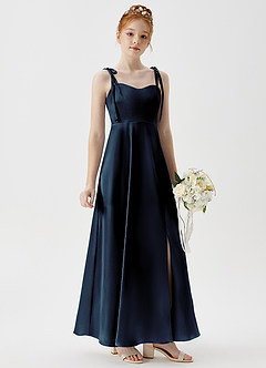 Azazie Rosey Junior A-Linie Herzausschnitt Metallischer Satin Kleid Dunkelmarine image4