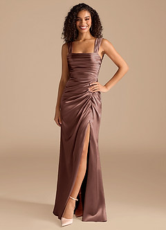 Azazie Jesaphine Bridesmaid Dresses Espresso Sheath Bow Metallic Satin Dress image3