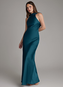 Azazie Dimitra Bridesmaid Dresses Ink Blue A-Line Pleated Stretch Satin Dress image6