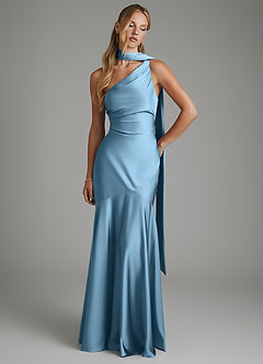 Azazie Amara Bridesmaid Dresses Steel Blue Mermaid One Shoulder Stretch Satin Dress image3