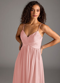 Azazie Alia Bridesmaid Dresses Powder Pink A-Line Pleated Stretch Satin Dress image3