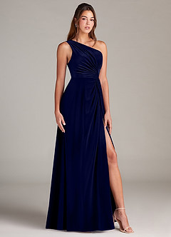 Azazie Brooke Bridesmaid Dresses Dark Navy A-Line One Shoulder Velvet Dress image3