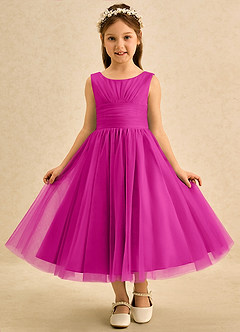 Azazie Macaron Robe Demoiselle D'honneur Fillette Robe Trapèze en Tulle Plissée Fuchsia image3