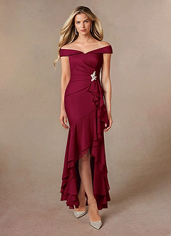 Azazie Billings Mother of the Bride Dresses Burgundy Mermaid Off the Shoulder Stretch Satin Dress image5