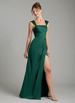 Azazie Filippa Bridesmaid Dresses Emerald A-Line Pleated Stretch Satin Dress image5