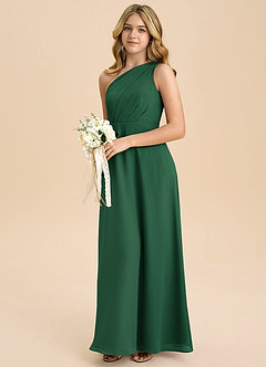 Azazie Phaedra Junior Abito A-Line in Chiffon Plissettato Verde Scuro image5