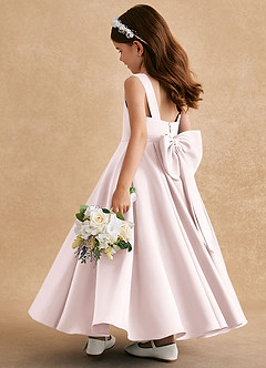 Azazie Honey Bear Flower Girl Dresses Blushing Pink A-Line Pleated Matte Satin Dress image4