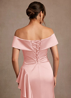 Azazie Kirsty Mother of the Bride Dresses Powder Pink Sheath Off the Shoulder Stretch Satin Dress image7