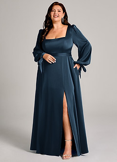 Azazie Leonia Bridesmaid Dresses Dark Navy A-Line Long Sleeve Stretch Satin Dress image8