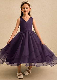 Azazie Seraphina vestidos de niña de las flores Vestido Ciruela de Tul de Corte en A con Plisado image4