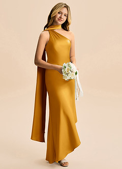 Azazie Briony Junior Butterscotch Sheath Pleated Stretch Satin Dress image4